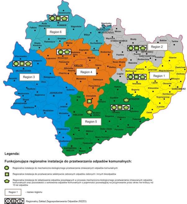 [Źródło: UMWŚ] Rysunek 1. Funkcjonujące regionalne instalacje do przetwarzania odpadów komunalnych, wg stanu na 31 grudnia 2014 r. Do regionalnych instalacji do MBP w 2014 r.