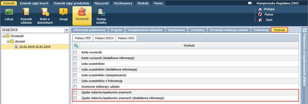 UONET+, wersja 19.01 opis zmian 4 3. Dodano wydruk Zgoda rodziców/ opiekunów prawnych (dodatkowe informacje).