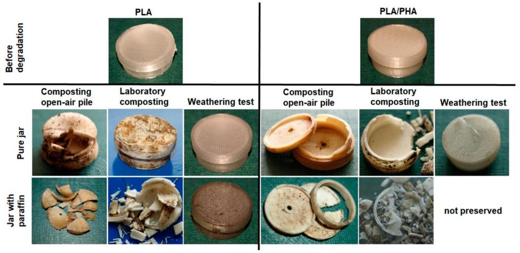 C. Materials 2019, 12, 994 Photomacrographs of PLA cosmetic containers before degradation and after 84 days of