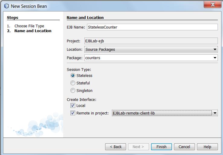 b) Jako nazwę komponentu podaj StatelessCounter, a jako nazwę pakietu counters. Jako typ komponentu wskaż: bezstanowy. Zaznacz opcję tworzenia zarówno interfejsu zdalnego jak i lokalnego.