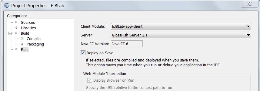 5. Upewnij się, że moduł klienta aplikacyjnego jest wybrany jako moduł klienta naszej aplikacji. W tym celu przejdź do właściwości głównego projektu (EJBLab) i podejrzyj zakładkę Run.