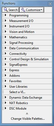 Rys. 3. Paleta Functions Rys. 4. Paleta Controls Paleta Functions zawiera wszystkie dostępne polecenia (bloki) graficznego języka programowania LabVIEW.