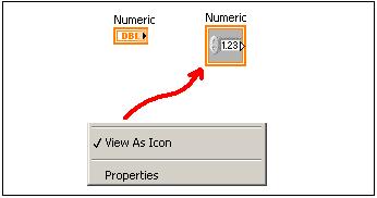 (a) Wybrać Numeric Indicator z palety Controls»Modern»Numeric. (b) Przenieść wskaźnik na panel i kliknąć aby umieścić go w wybranym miejscu.