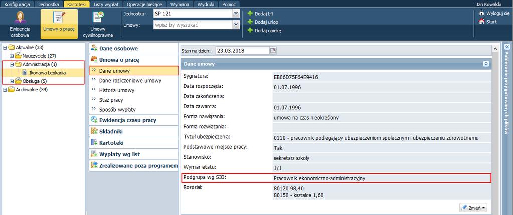 Jak wykonać eksport danych do SIO z aplikacji Płace VULCAN? 3/7 5. W widoku Kartoteki/ Umowy o pracę sprawdź, czy w umowach pracowników administracji i obsługi wskazano odpowiednią podgrupę SIO.