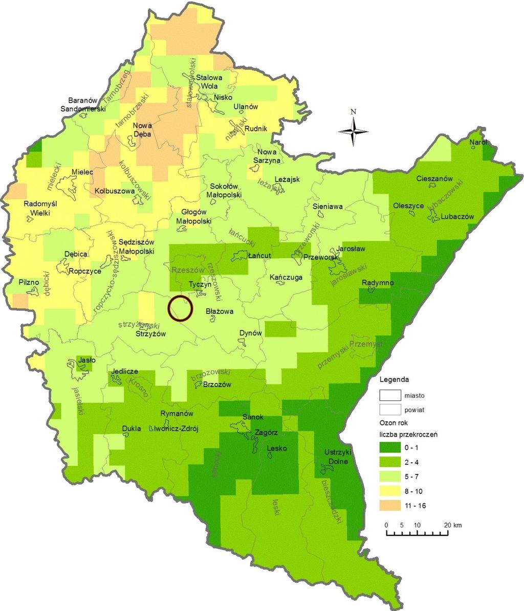 Mapa 4 Liczba dni z przekroczeniami wartości docelowej ozonu w województwie podkarpackim wyniki modelowania dla 2016 r.