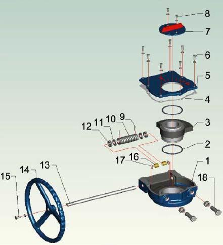 MATERIAŁ PRZEKŁADNI DN400-500 : Nr Element Materiał 1 Korpus Żeliwo 2 O ring NBR 3 Przekładnia ślimakowa Żeliwo sferoidalne 4 Uszczelka Papier 5 Pokrywa Żeliwo 6 Śruba Stal 7 Wskaźnik Żeliwo 8