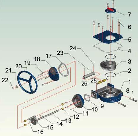 MATERIAŁ PRZEKŁADNI DN600 : Nr Element Materiał 1 Korpus Żeliwo 2 O ring NBR 3 Przekładnia ślimakowa Żeliwo sferoidalne 4 Uszczelka Papier 5 Pokrywa Żeliwo 6 Śruba Stal 7 Wskaźnik Żeliwo 8 Kołek Stal