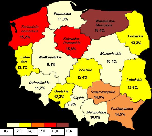 Podlaskie na krajowej mapie bezrobocia 2014 i 2018 Sierpień 2014 roku Polska 11,7%; woj. podlaskie 13,3% (o 1,6 pp.