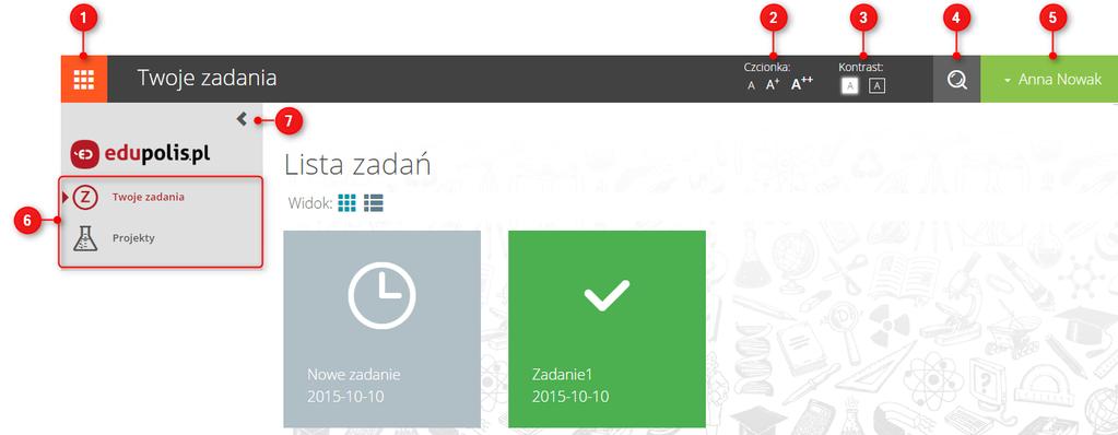 3. Konto ucznia W obrębie modułu Twoje zadania uczniowie mogą: rozwiązywać zadania zlecone przez nauczycieli, pracować z zasobami załączonymi przez nauczycieli do zadań (zasoby edukacyjne i inne