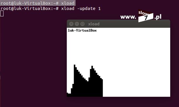 29 (Pobrane z slow7.pl) Narzędzie xload w sposób graficzny przedstawia nam obciążenie procesora (oś Y) w funkcji czasu (oś X).