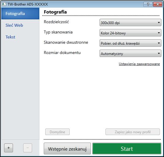 Skanowanie za pomocą komputera Ustawienia sterownika TWAIN 6 Kliknij ekran Podstawowe lub Ustawienia zaawansowane, aby uzyskać dostęp do ustawień sterownika TWAIN.