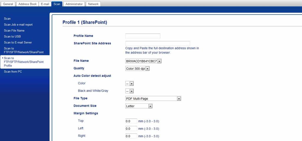 Skanowanie za pomocą panelu sterowania Konfigurowanie profilu Skan do SharePoint 7 1 Kliknij kartę Scan (Skan).