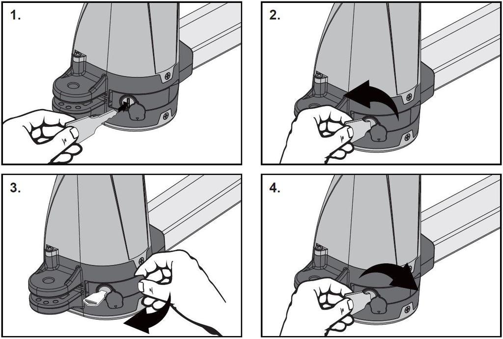 2.5 Odblokowanie awaryjne Odblokowanie awaryjne siłownika (rysunek dla siłownika lewego) 1. Odciągnij gumową pokrywkę i włóż kluczyk do wkładki zamka. 2.