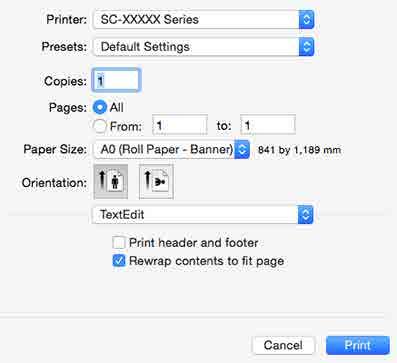 Różne funkcje związane z drukowaniem Wybieranie ustawień w systemie Mac OS X Po pojawieniu się ekranu Print (Drukowanie) A wybierz z listy Paper Size (Rozmiar papieru) rozmiar obrazu utworzonego w