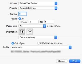 Drukowanie z zarządzaniem kolorami C Wybierz z listy opcję Color Matching (Dopasowanie kolorów), a następnie zaznacz pole wyboru ColorSync.