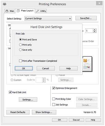 Używanie opcjonalnego dysku twardego C Na karcie Page Layout (Układ strony) w obszarze Hard Disk Unit (Moduł dysku twardego) kliknij przycisk Settings (Ustawienia), a następnie zaznacz opcję Print