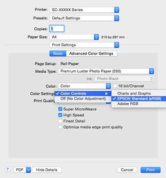 Różne funkcje związane z drukowaniem D E Z listy wybierz pozycję Print Settings (Ustawienia druku), a następnie dla opcji Color Settings (Ustawienia koloru) wybierz ustawienie Color Controls