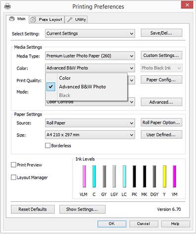 Różne funkcje związane z drukowaniem System operacyjny Ustawienia zarządzania kolorami B Wyświetl ekran Main (Główne) sterownika drukarki. Windows 8.