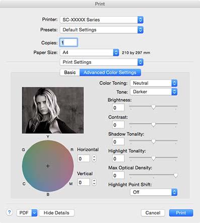 Różne funkcje związane z drukowaniem C Kliknij opcję Advanced Color Settings (Zaawansowane ustawienia koloru). Drukowanie bez marginesów D Wprowadź niezbędne ustawienia.