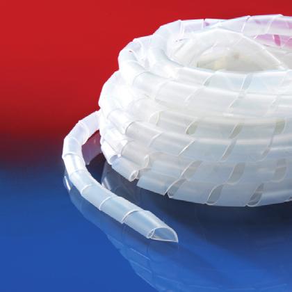 Węże izolacyjne Spiral-PE 139 Spirala plastikowa od -35 C do +80 C Kolor czarny lub przeźroczysty Właściwości: dobra ochrona przed ścieraniem, łatwy i szybki montaż bez narzędzi, łatwość wycofania