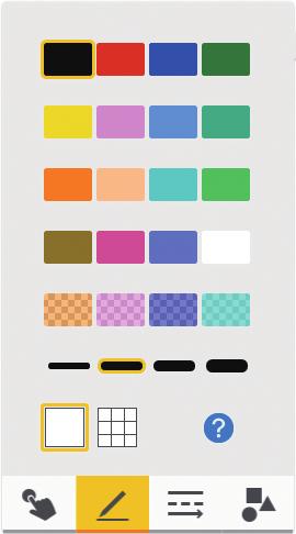 2. Używanie tablicy interaktywnej 1 2 3 6 4 5 DWJ004 1. Kolory linii Wybór koloru rysowanych linii. W trybie wprowadzania znaczników nie można wybierać kolorów linii. 2. Kolory linii (pół-przezroczyste) Wybór koloru rysowanych linii z kolorów półprzezroczystych.