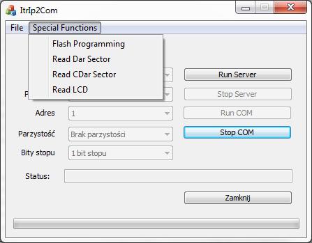 Po takiej konfiguracji aplikacji, z menu wybieramy opcję Specjal functions -> Flash programming, a następnie odnajdujemy plik.dat, który został wysłany.
