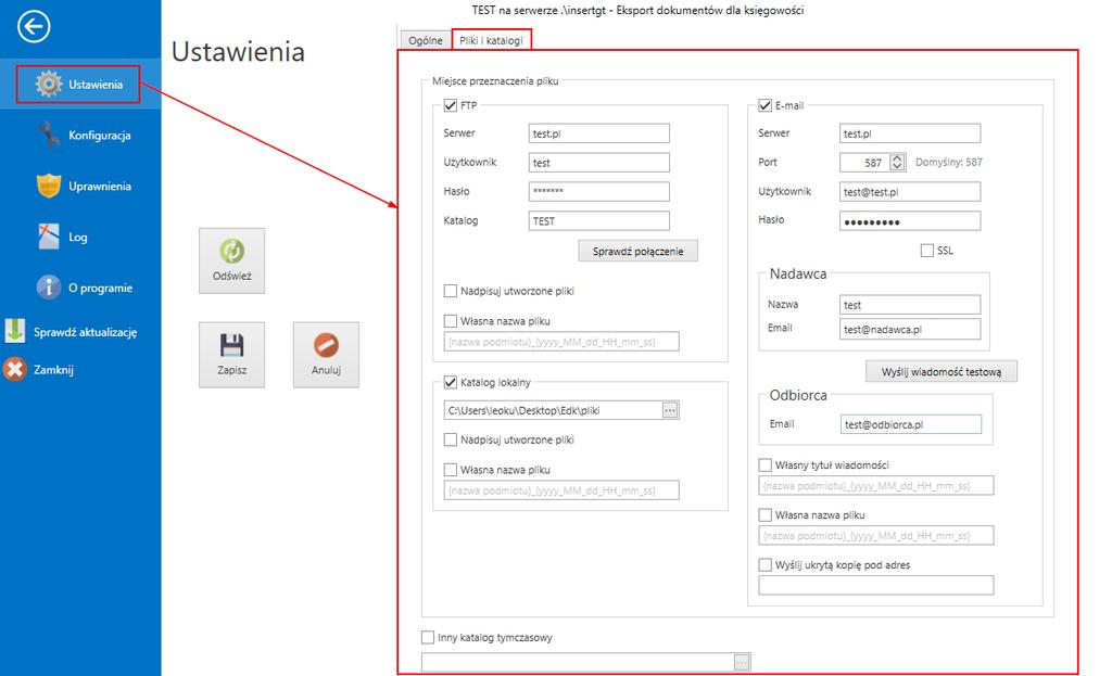 PLIKI I KATALOGI Rysunek 26 Miejsce przeznaczenia pliku w tej sekcji należy wskazać, gdzie będą zapisywane generowane pliki XML FTP wybierając to pole wyboru, generowane pliki będą zapisywane w