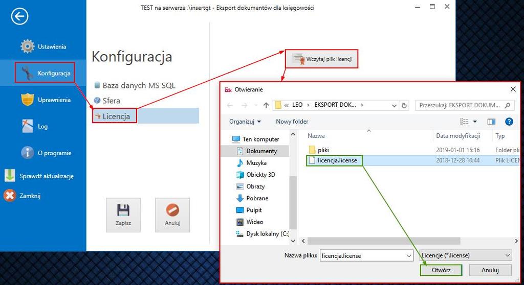 6.2.2 Licencja W celu wczytania pliku licencji z poziomu programu należy kolejno wybrać ikonę menu rozwijanego Konfiguracja Licencja Wczytaj plik licencji.