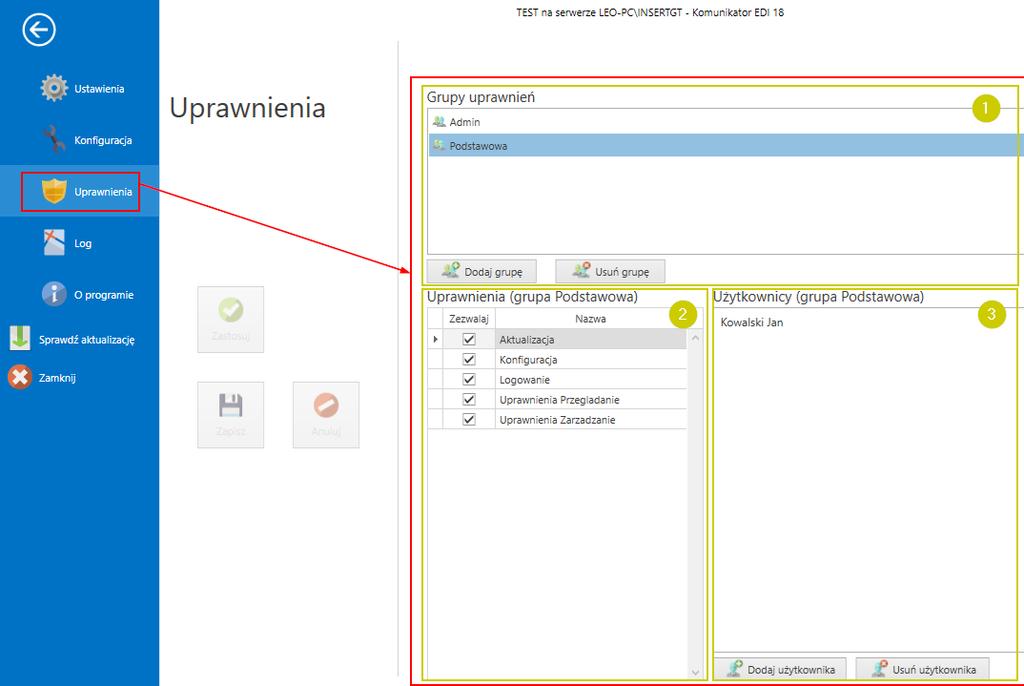 6.3 Uprawnienia Okno tych ustawień pozwala na zmianę uprawnień dla poszczególnych użytkowników lub grup użytkowników dla programu Eksport dokumentów dla ksiegowości.