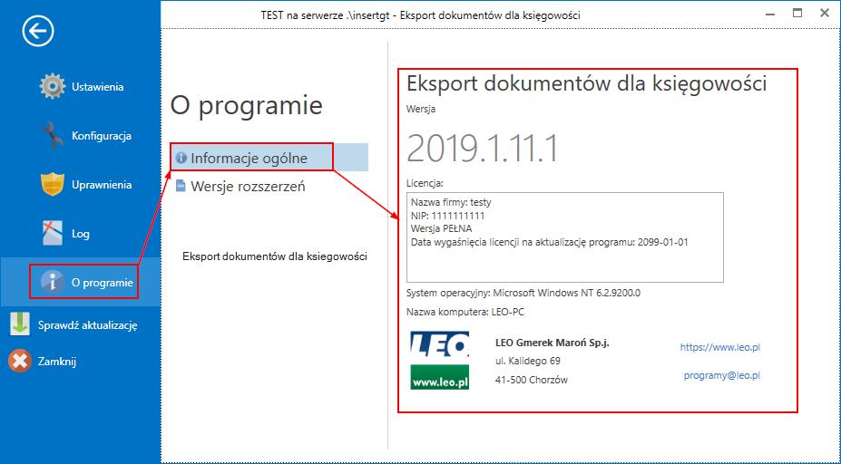 6.5 O programie Opcja o programie podzielona jest na dwie zakładki INFORMACJE OGÓLNE W tym miejscu znajdują się informacje o