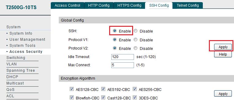 Gdy zalogujemy się przez interfejs WWW to z menu Access Security wybieramy zakładkę SSH Config i włączamy Enable i Apply.