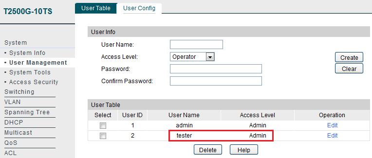 Gdy jesteśmy zalogowani poprzez interfejs www, wybieramy System w menu, a następnie User Management oraz zakładkę User Config.