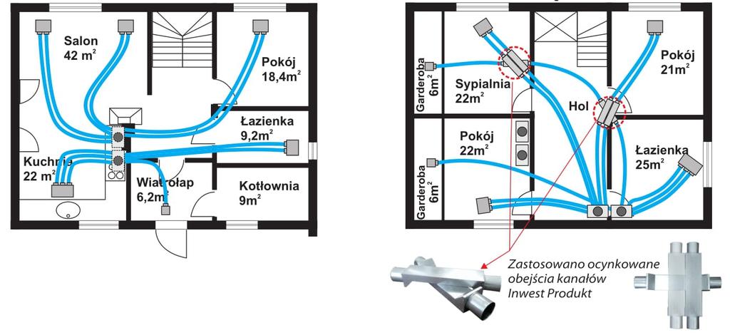 PRZYKŁAD OBLICZEŃ Parter Piętro Zastosowano ocynkowane obejścia kanałów Nawiew: pokoje, sypialnie, gabinety, jadalnie. Wyciąg: łazienki, kuchnie, wc, pralnie/suszarnie, garderoby, wiatrołapy.