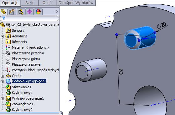 Parametryzacja Liczby wystąpień elementów Szyku kołowego W SolidWork istnieje możliwość zdefiniowania zmiennej globalnej, z którą można połączyć kilka wymiarów z jednego lub kilku różnych operacji