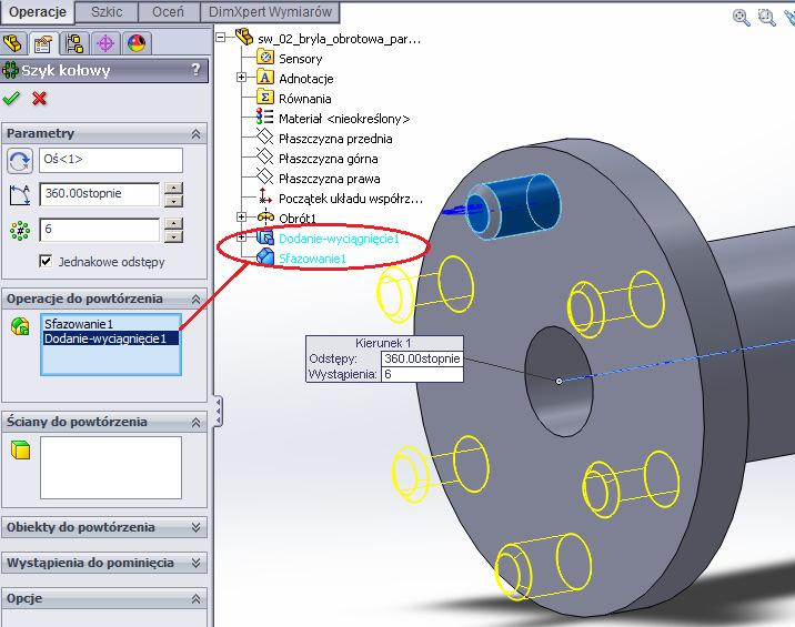 Szyk kołowy Powielmy kołek z fazą szykiem kołowym. W tym celu, na zakładce Operacje, po rozwinięciu narzędzia Szyk liniowy, wybierzmy Szyk kołowy.