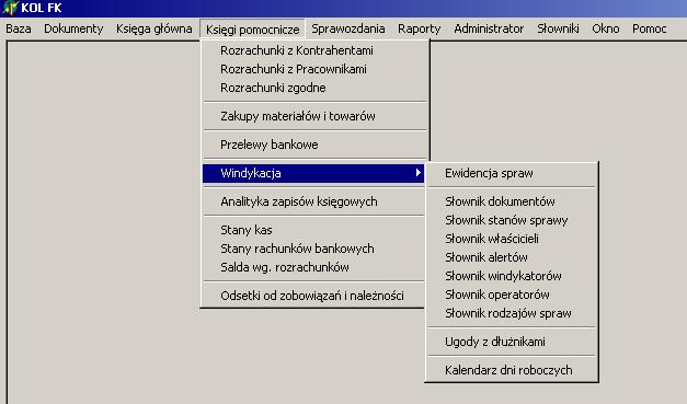 Opis słowników modułu windykacyjnego Słowniki wywoływane są z menu: Księgi pomocnicze\ Windykacja: Do słowników mają prawo tylko niektórzy użytkownicy programu KOLFK i tylko oni mogą zmieniać