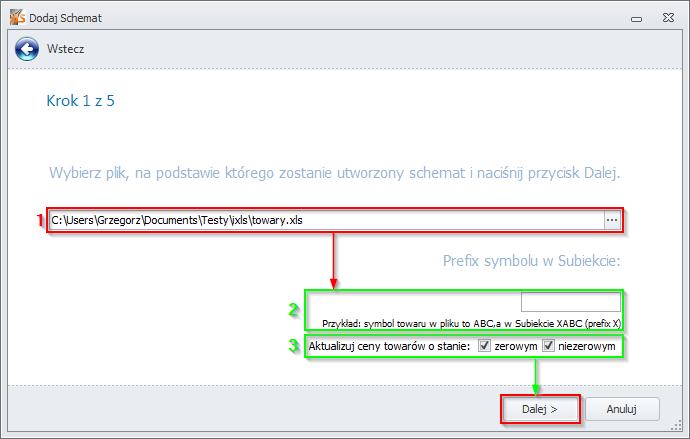 3.3.3 Krok 1 należy podać ścieżkę do pliku XLS lub CSV, na podstawie którego zostanie utworzony schemat.