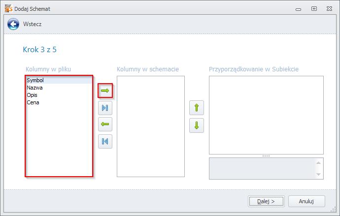 3.3.5 Krok 3 najważniejszy krok tworzenia schematu. W kroku tym bowiem przyporządkowujemy pola pliku XLS/CSV do odpowiednich pól bazy danych Subiekta GT.