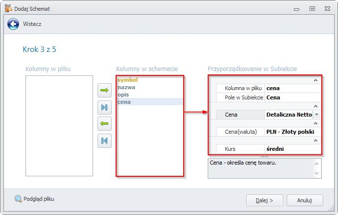 Pole oznaczone jako identyfikator podświetli się na liście Kolumn w schemacie na pomarańczowo. Dla każdej kolejnej kolumny wybieramy odpowiednie pola z bazy Subiekta. Uwaga: Niektóre z pól (np.