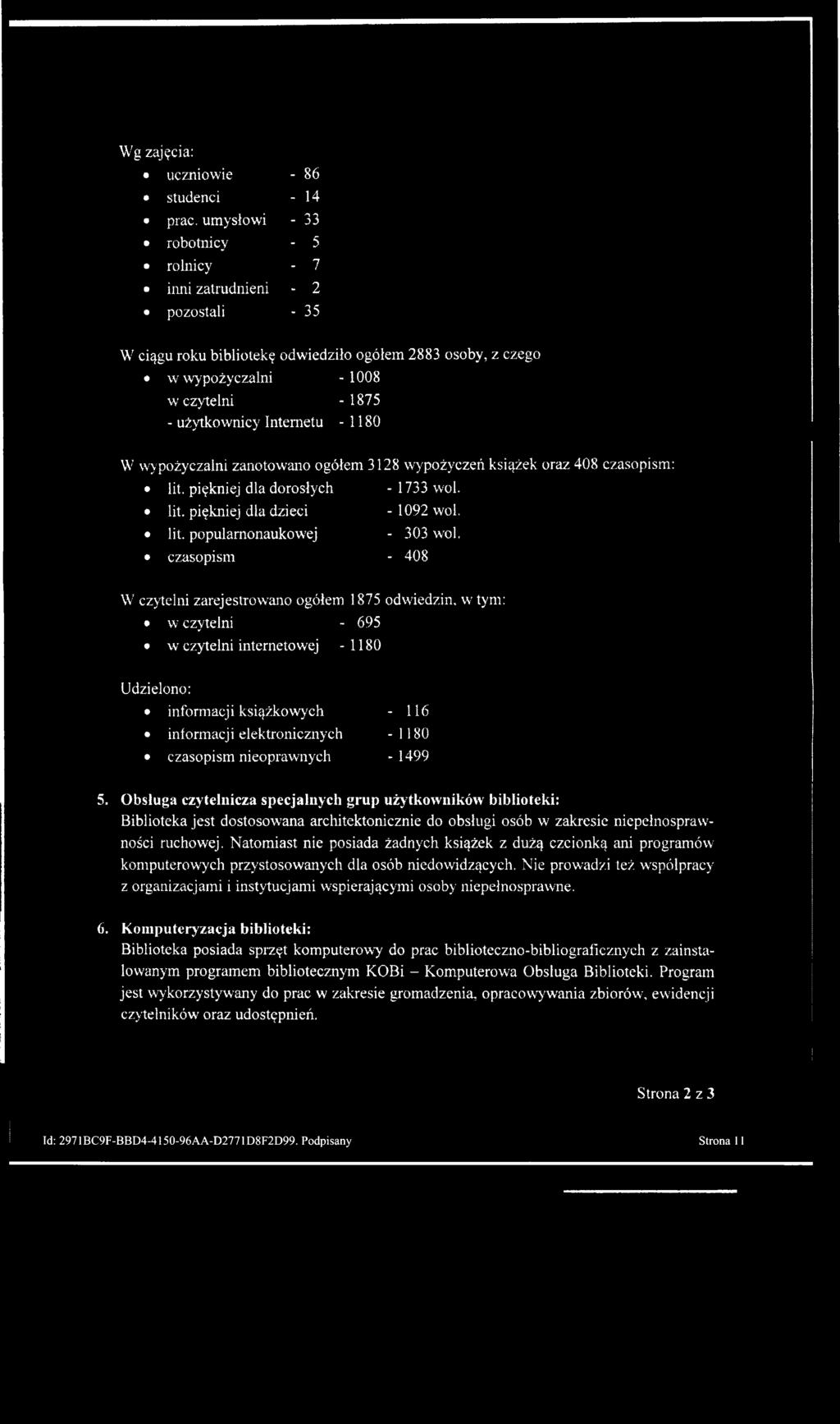 - 1875-1180 W wypożyczalni zanotowano ogółem 3128 wypożyczeń książek oraz 408 czasopism: lit.