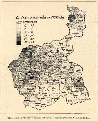 45 Natężenie osadnictwa niemieckiego na obszarze Królestwa Polskiego w 1897 r., wg A. Macieszy; źródło: Tygodnik Ilustrowany 1907, nr 25, s. 514.