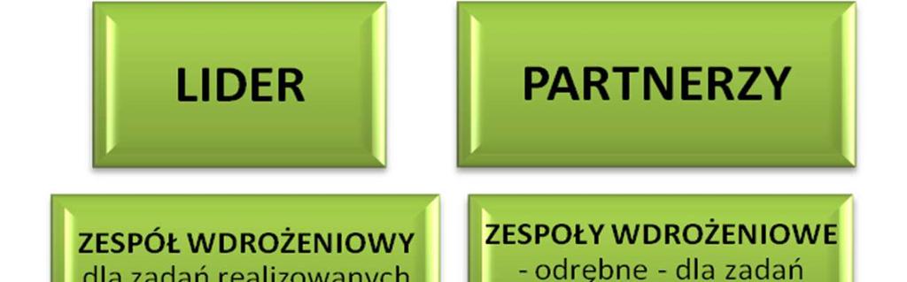 Lider oraz poszczególni Partnerzy będą dysponowali własnymi Zespołami Wdrożeniowymi, które będą czuwały nad prawidłową realizacją konkretnych inwestycji, prowadzonych na ich terenie.