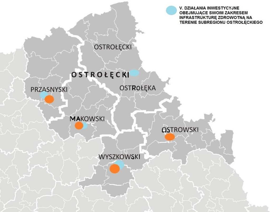 Rys. 23. Mapa powiatów subregionu ostrołęckiego ze wskazaną lokalizacją poszczególnych inwestycji w ramach II Projektu Źródło: opracowanie własne na podst.