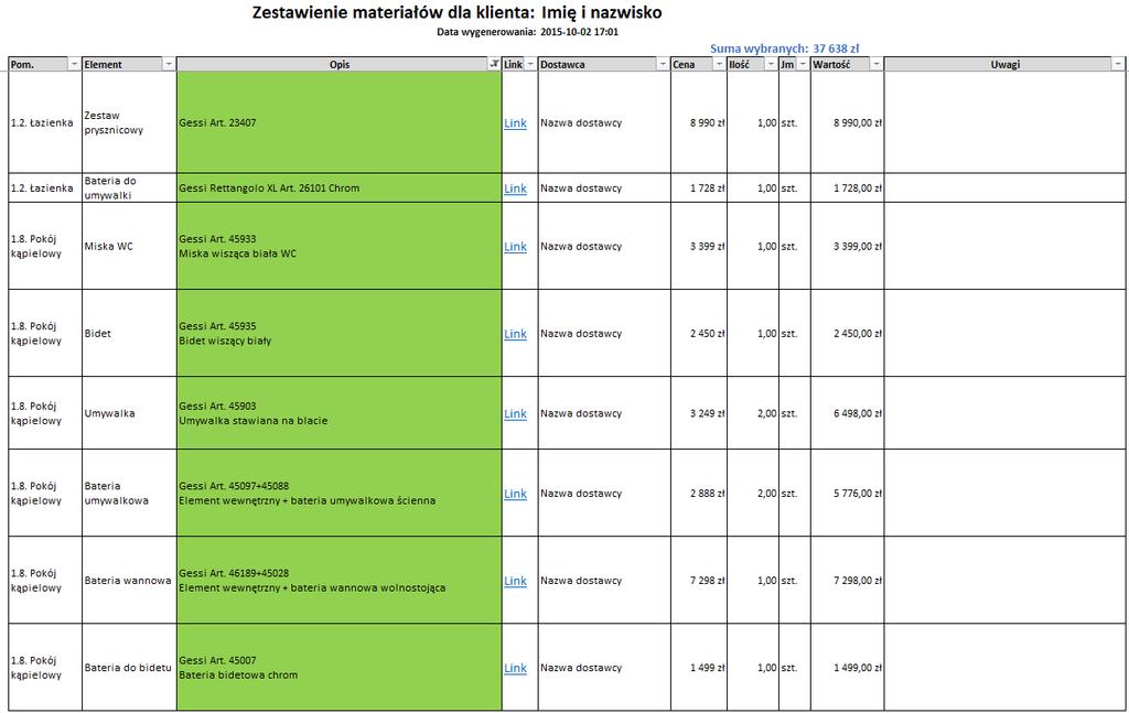 Usługa: Zestawienie materiałów Proces doboru materiałów odbywa się w trzech krokach. Na początku przygotowujemy dla Państwa propozycje materiałów do wizualizacji.