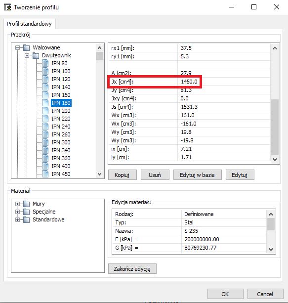 Wyświetli się okno, w którym można wybrać odpowiedni przekrój. Wartość momentu bezwładności względem osi x powinna być zgodna z wartością przyjętą do obliczeń ręcznych.