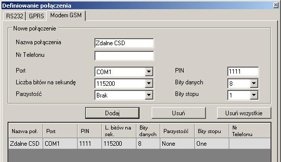 Na ekranie pojawi się okno, w którym określamy: Nazwę połączenia np. Zdalne CSD Port szeregowy, do którego podłączony jest modem GSM (np.