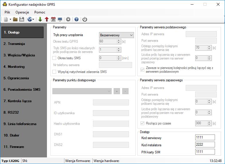 7 PARAMETRY PROGRAMOWALNE Parametry dostępne w programie konfiguracyjnym zostały podzielone na grupy: Dostęp, Transmisja, Wejścia/Wyjścia, Monitoring, Ograniczenia, Powiadomienia SMS, Kontrola łącza,