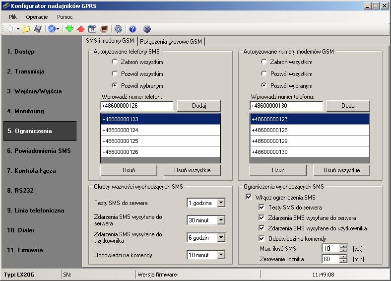 7.5 OGRANICZENIA 7.5.1 SMS i modemy GSM W części tej można zdefiniować ograniczenia dla numerów z których wysyłane są do nadajnika SMSy z komendami oraz nawiązywane są połączenia CSD.