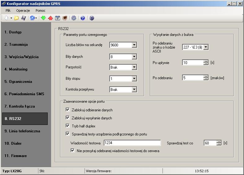 7.8 RS-232 7.8.1 Parametry portu szeregowego W celu zapewnienia dodatkowych możliwości pozyskiwania informacji do przesłania urządzenie jest wyposażone w port szeregowy RS-232.