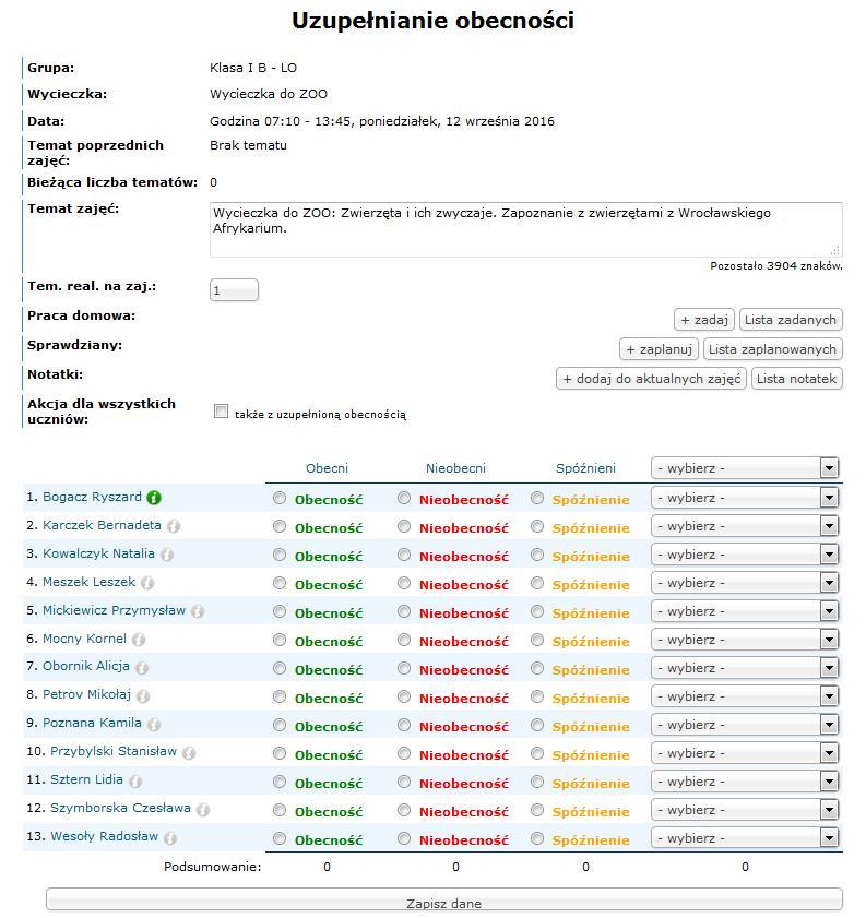 W standardowym widoku wpisujemy temat i sprawdzamy obecności, następnie zapisujemy wprowadzone dane. Krok 5.